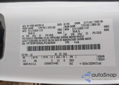 2020 Ford F-150 Lariat from USA, damaged, VIN 1FTEW1E52LFC22524